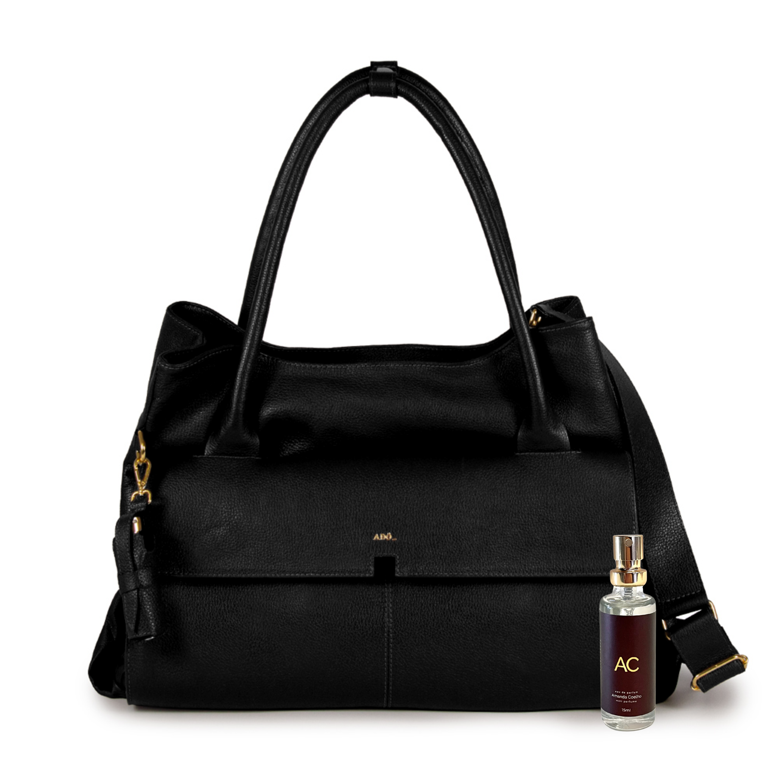 BOLSA COLLAB AMANDA COURO ADÔ COR PRETO + CASE BELEZA + PERFUME