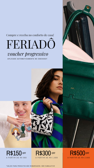 Feriadô, voucher progressivo Adô: R$150 de desconto a partir de R$980, R$300 a partir de R$1.800 e R$500 a partir de R$2.600. Aplicado automaticamente no checkout.