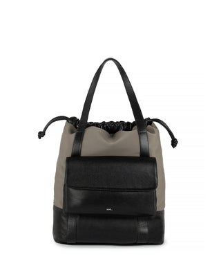 Bolsa Mochila Collab Cris G Couro Preto Neoprene Cimento